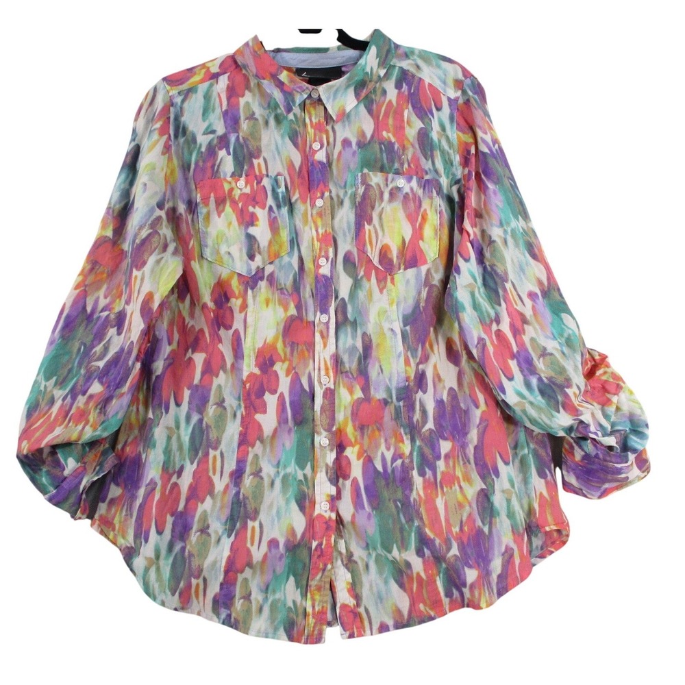 Lane Bryant Womens 14/16 Abstract Watercolor Floral Cotton Button‎ Down Shirt